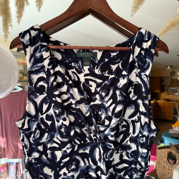 Lauren Ralph Lauren Navy and White Asymmetrical Y2K Patterned Midi Dress - Picture 2 of 7